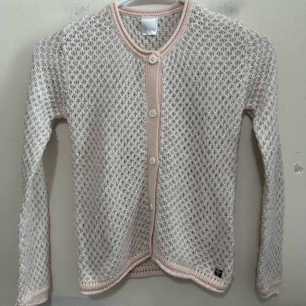 carrement beau button cardigan Cream and Pink Knit Sweater Kid’s Size 8